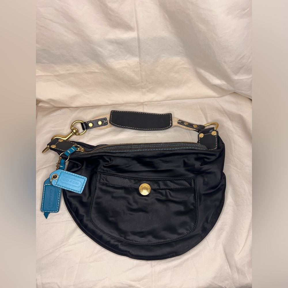 Coach Hampton Black Satin Hobo Purse Buckle Satchel Bag Purse Handbag